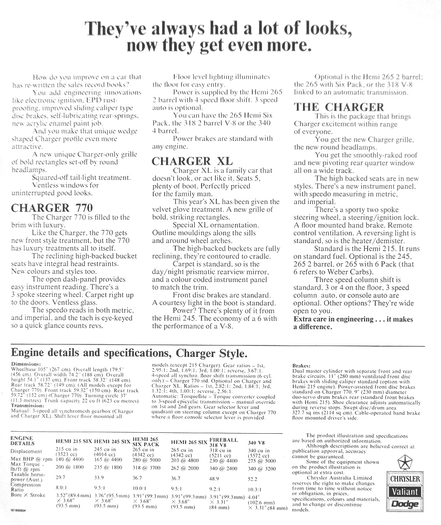1973 VJ Chrysler Valiant Charger Specifications